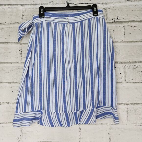 Loft Wrap Tie Knee Length Skirt Rayon Linen Blue White Striped Women's Size 8 - Picture 3 of 13